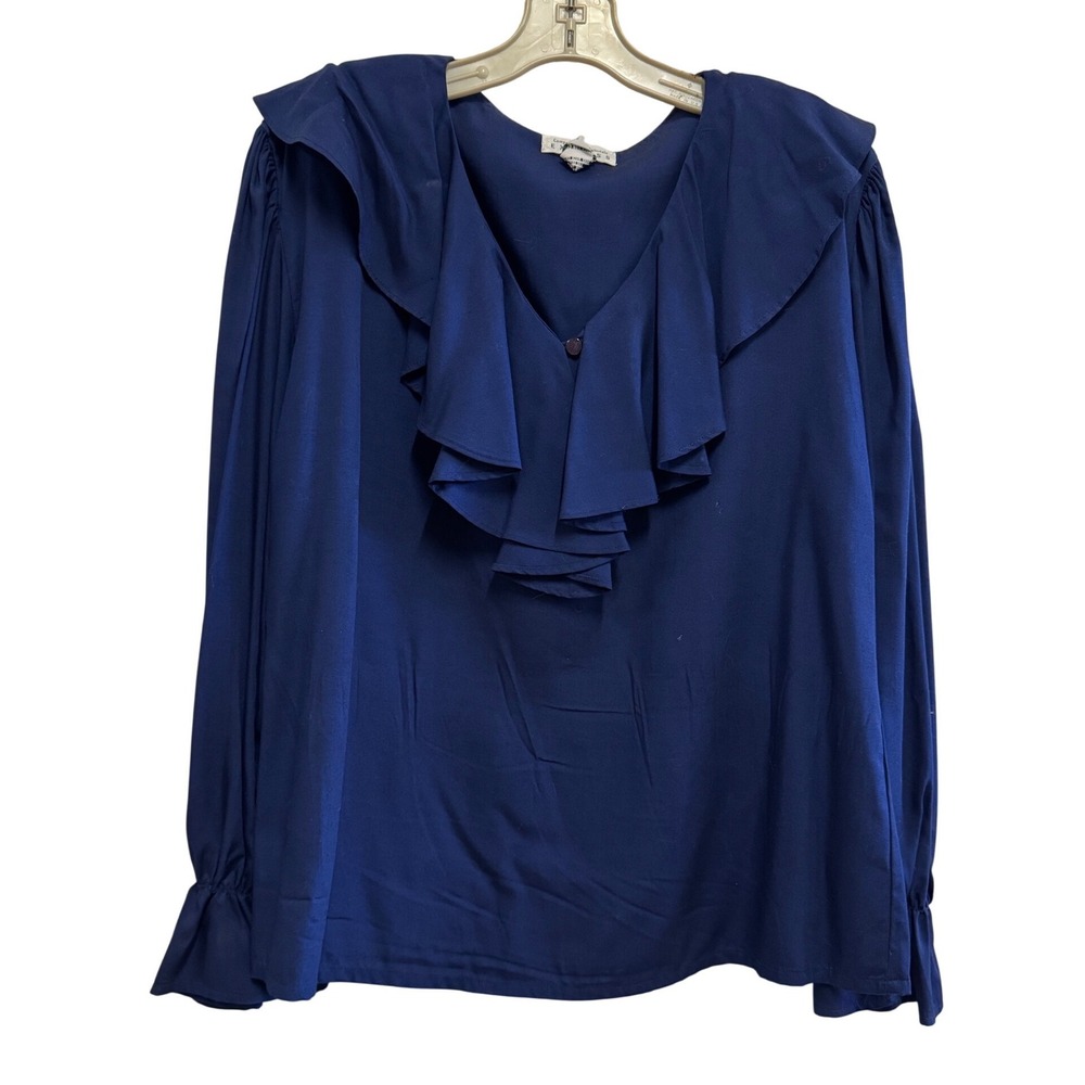 Vintage Compagnie Internationale Express Navy Blue Ruffle Blouse Long Sleeve‎ M